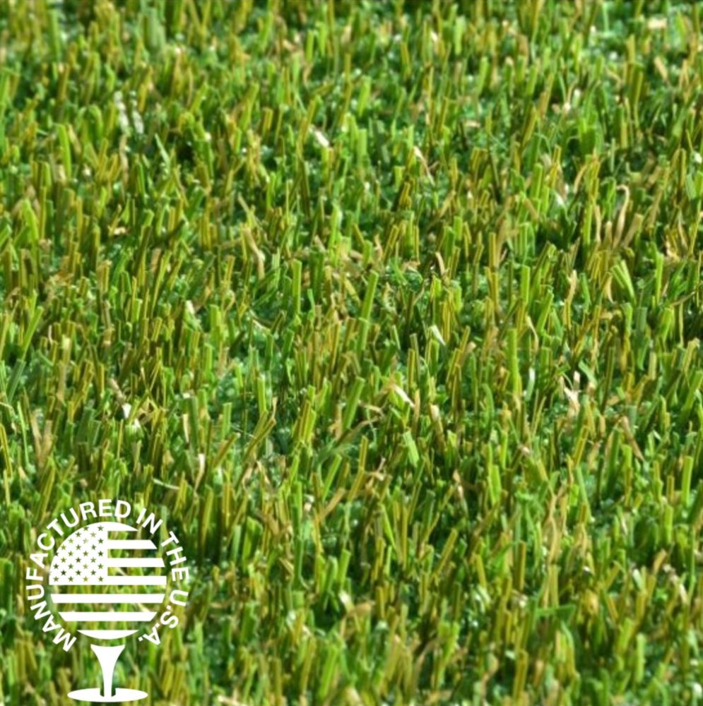 High-density artificial grass close-up showing realistic multi-green blades and textured thatch, engineered for durability, natural appearance, and low-maintenance lawn applications.